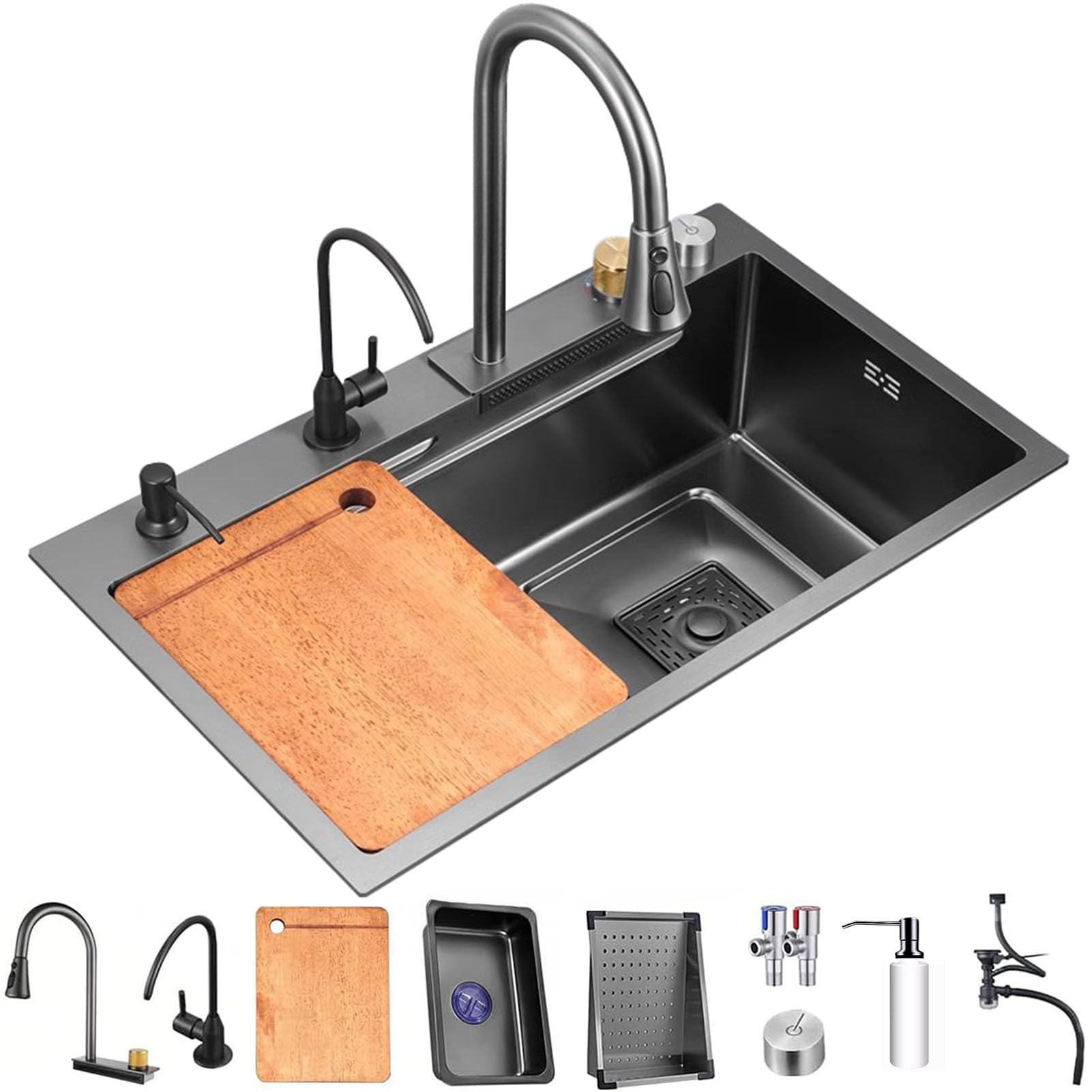 WIQUYBML Black Kitchen Sink, Flying Rain Waterfall Sink,304 Stainless Steel Bar Home Sink Vegetable Basin Single Drop-in Workstation (Color : C, Size 75x45cm)