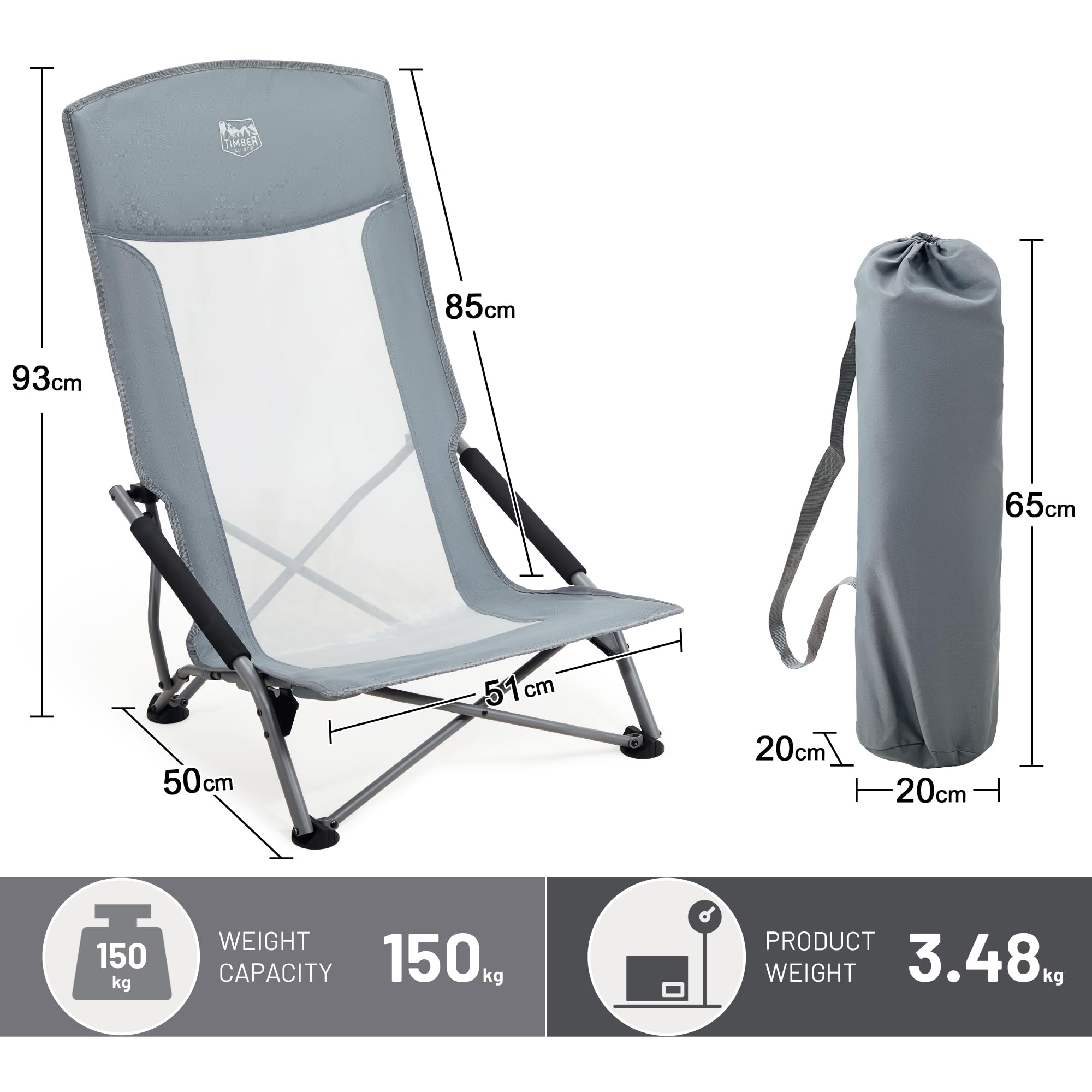 TIMBER RIDGE Chaise de Plage Pliable Dossier Haut Chaise de Camping Légère Portable en Maille avec Sac de Transport