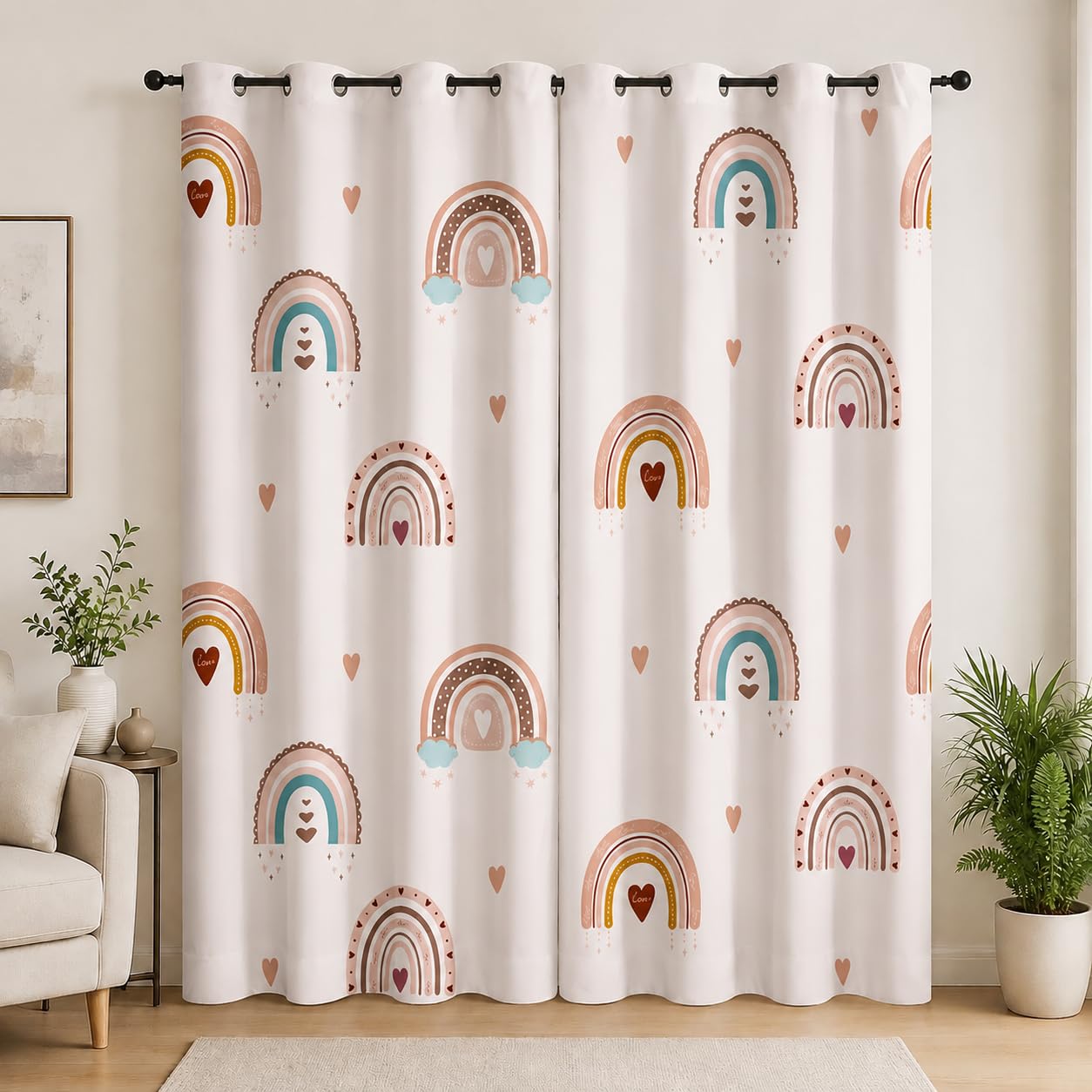 Vorhänge Regenbogen, Verdunkelungsvorhang Boho Liebesherz mit Ösen, Vorhang Blickdicht Thermovorhang für Schlafzimmer Wohnzimmer Kinderzimmer, Ombre Gardinen Deko 2er Set 160 x 100 cm (HxB) T-176
