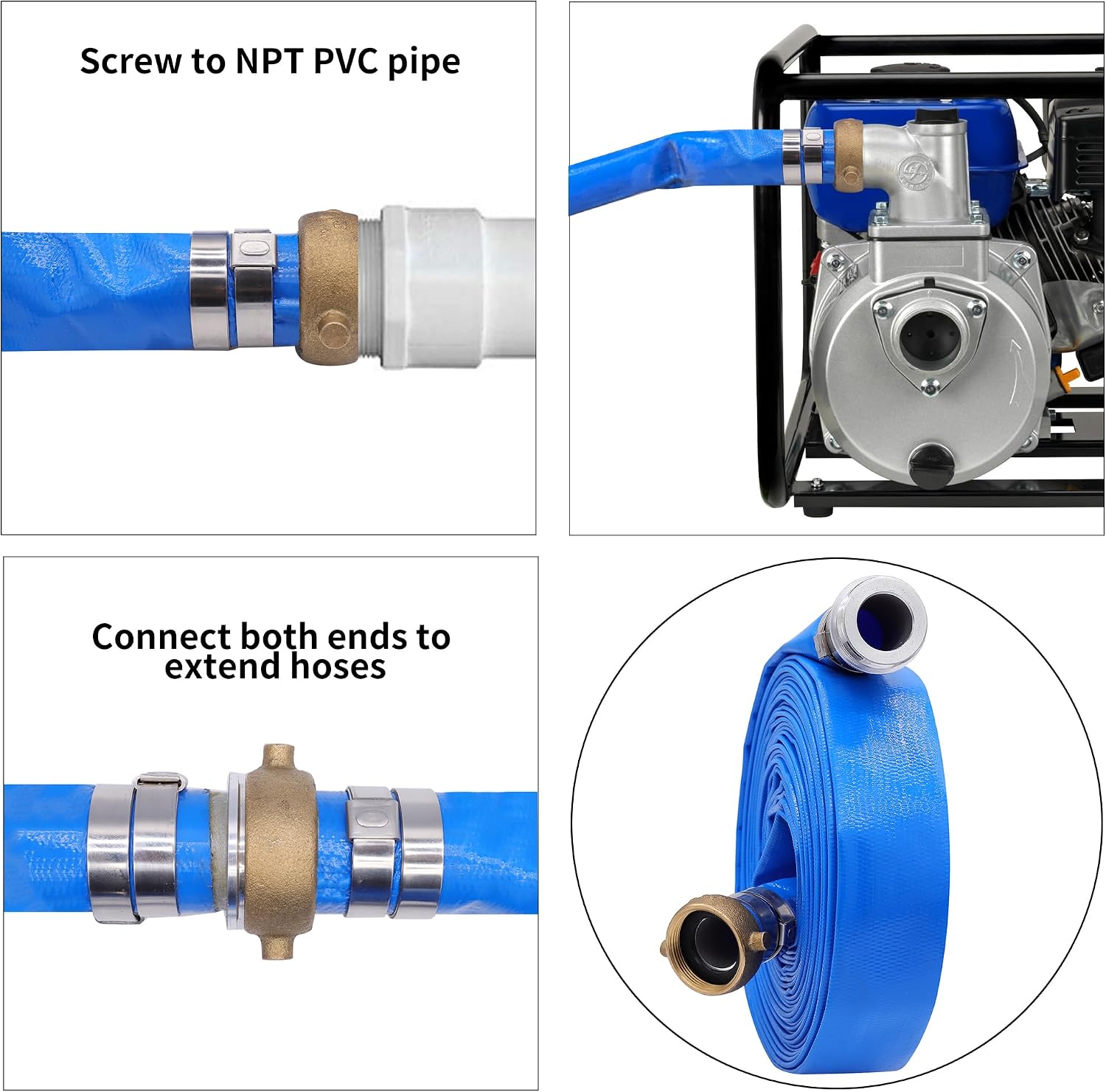2" x 50′FT Pool Backwash Hose With Aluminum Pin Lug Fittings, Heavy Duty Reinforced PVC Lay Flat Water Pump Discharge Hose Assembly