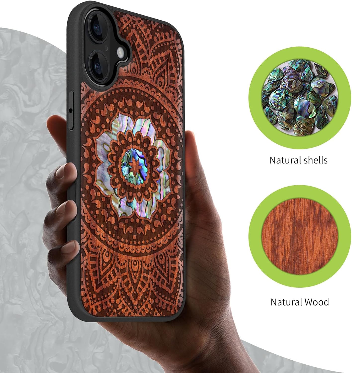 Carveit Magnetic Case for iPhone 16 Plus Case, Wood Artisan Engraved & Handmade Shell Inlaid, TPU Shockproof Cover, Compatible with MagSafe Wireless Chargers (Mandala Pattern) Rosy