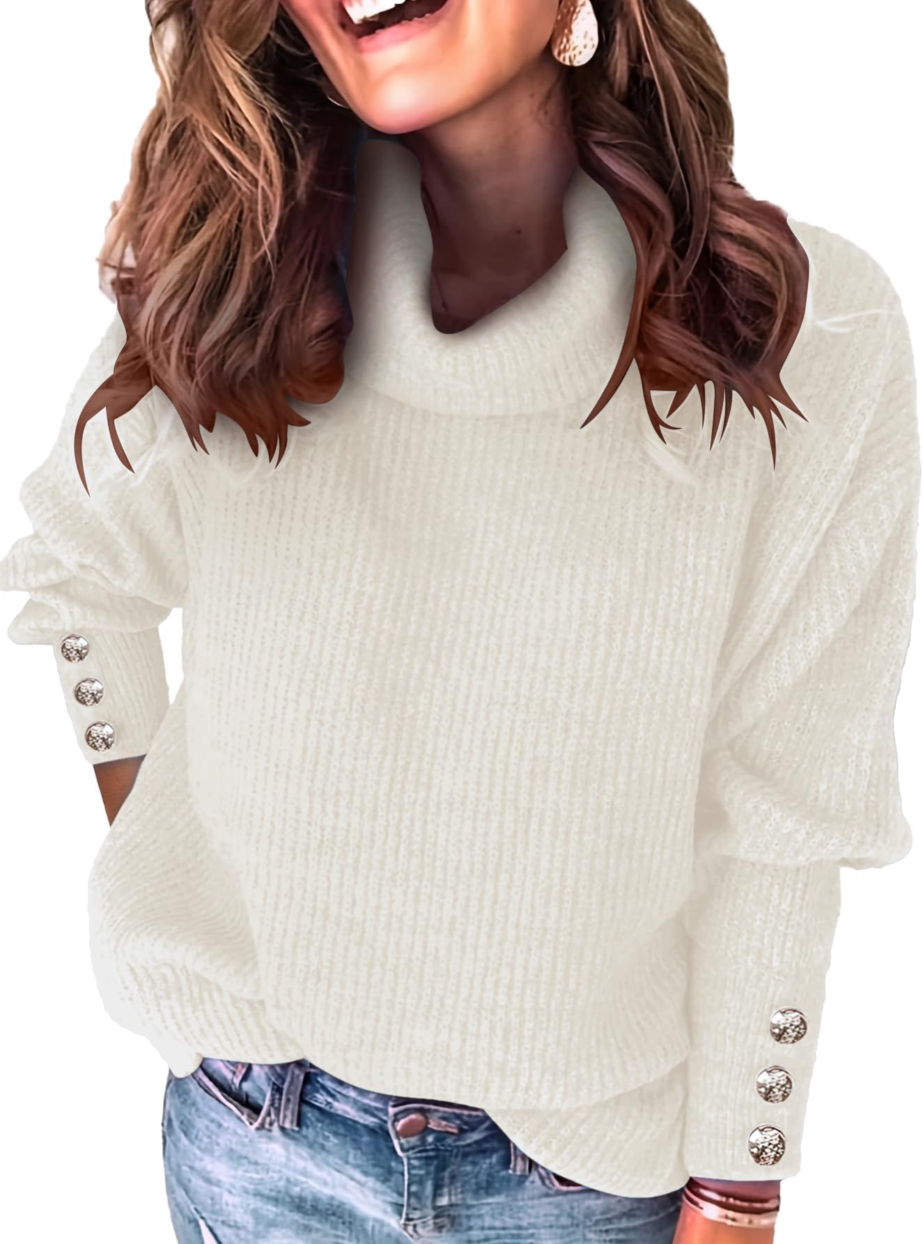 Womens Turtleneck Dressy Sweater Fall 2025 Button Long Sleeve Pullover Sweaters - Cozy Ribbed Knit, Loose Fit