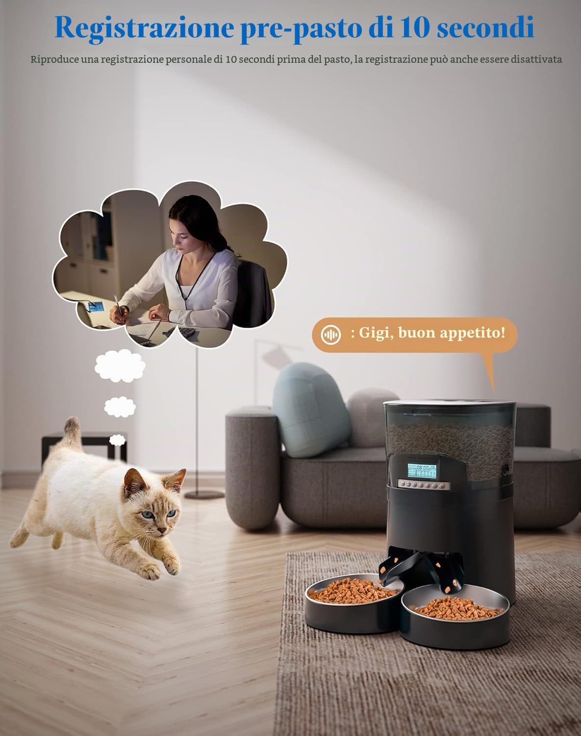 HoneyGuaridan Mangiatoia automatica per gatti 2 ciotole, 2.4G WiFi, distributore automatico intelligente per gatti e cani, 1-6 pasti al giorno (4,5L)