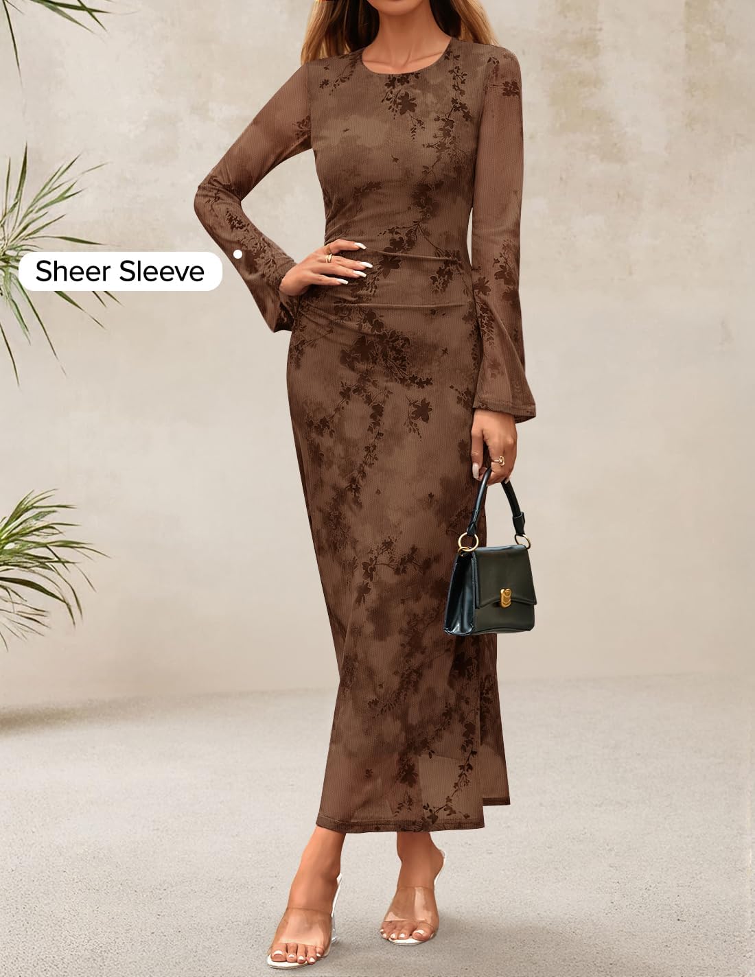 ZESICA Women's Long Sleeve Floral Bodycon Dress 2026 Spring Fall Ruched Mesh Wedding Guest Cocktail Party Maxi Dresses - Image 4