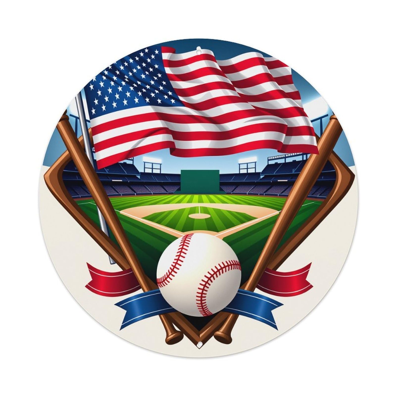 Baseball Field Flag Bats Ball Round Tin Sign Vintage Metal Poster, Home Bar Garage Man Cave Cafe Indoor & Outdoor Wall Decoration 8x8Inches