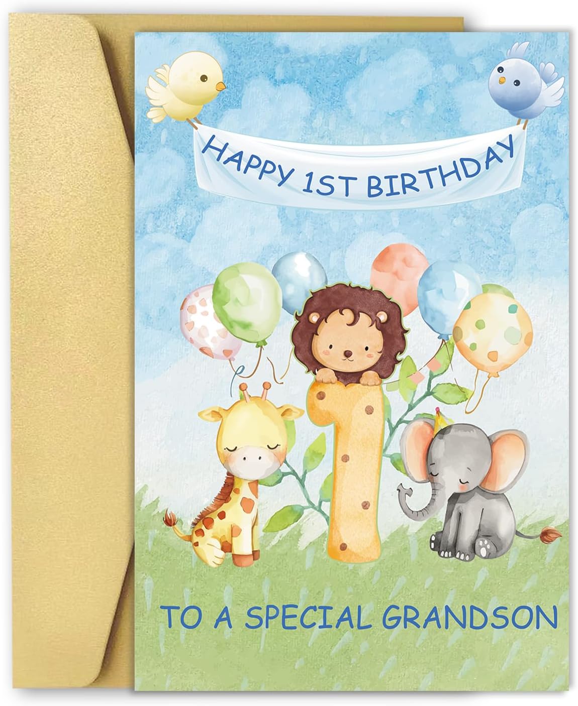 OJsensai Happy 1st Birthday Card for Grandson, Great 1 Years Old Bday Gifts from Grandma Grandpa, Best Bday Gift Ideas for 1 Years Old Grandson