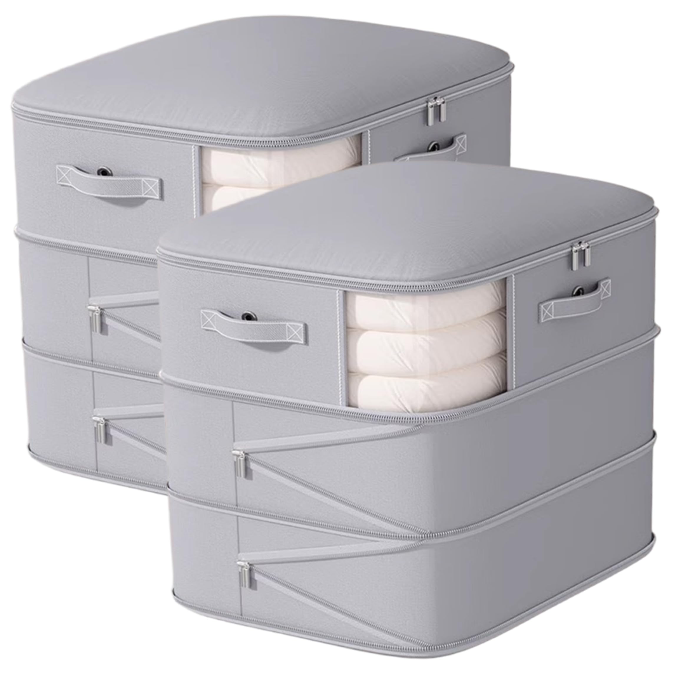Cubo de embalaje de compresión gris y bolsas de almacenamiento con ventana visible