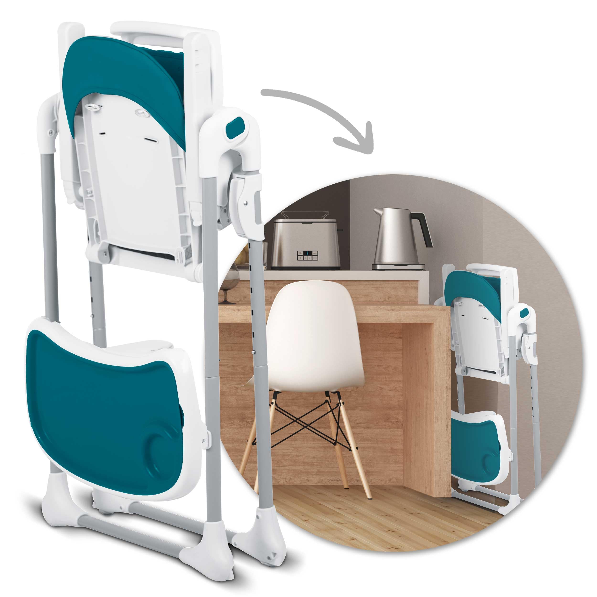 Ricokids - Tulo - 2in1 Hochstuhl Baby - Mit Gurt - Mit Abnehmbarem Tablett - Klappbarer Fütterungsstuhl Mit Rollen - Verstellbare Rückenlehne - Mitwachsender - Ab 6 Monat -102x54x72 cm - Blau