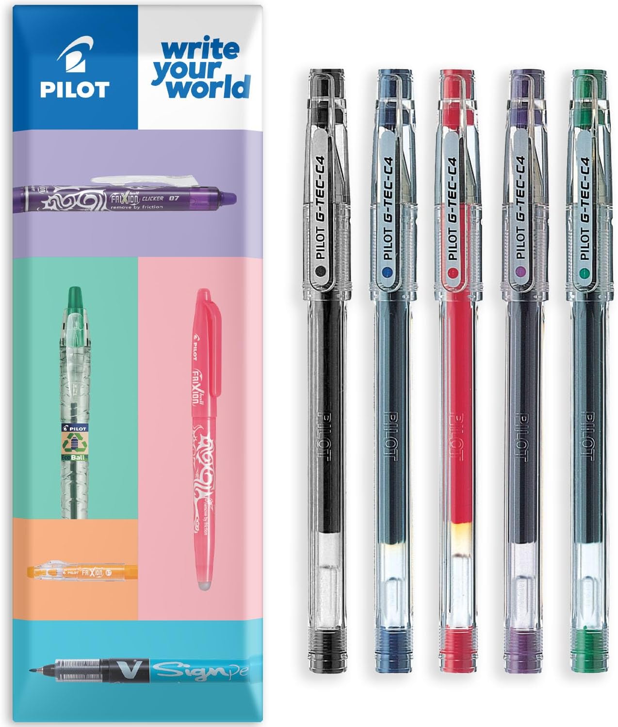 G-Tec C4 Gel Rollerball Pen - 0.4mm Tip - 0.2mm Line - Black, Blue, Red, Green and Purple (Pack of 5)