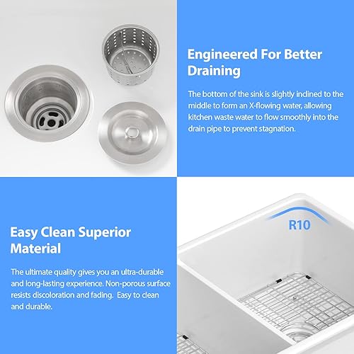 Miniatura 5 de Lordear Fregadero de cocina de doble tazón blanco de 32 x 19 pulgadas, dos lavabos, fregadero de cerámica de porcelana de arcilla refractaria blanca