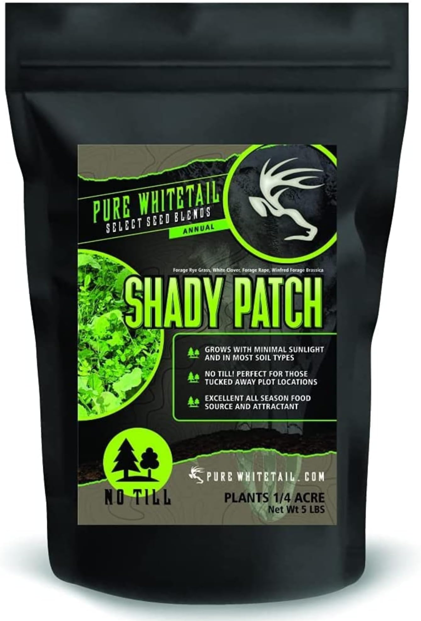 Shady Patch | All Year Deer Feeder | No Plow Food Plot Seed for Deer | Deer Food Plot Seed | White Clover Winfred Forage Brassica Rye Grass Seeds | Plants 1/4 Acre | 5 lb Bag
