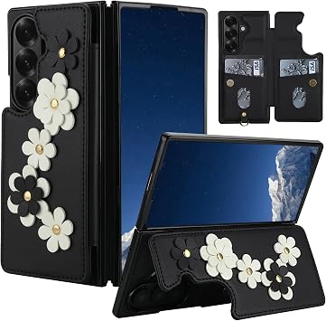 For Samsung Galaxy Z Fold 7 Wallet Case,Leather Built-in Flip Card Holder Freshness Small Flower Pattern Cross Body Strap Wallet Case for Galaxy Z Fold 7 Black