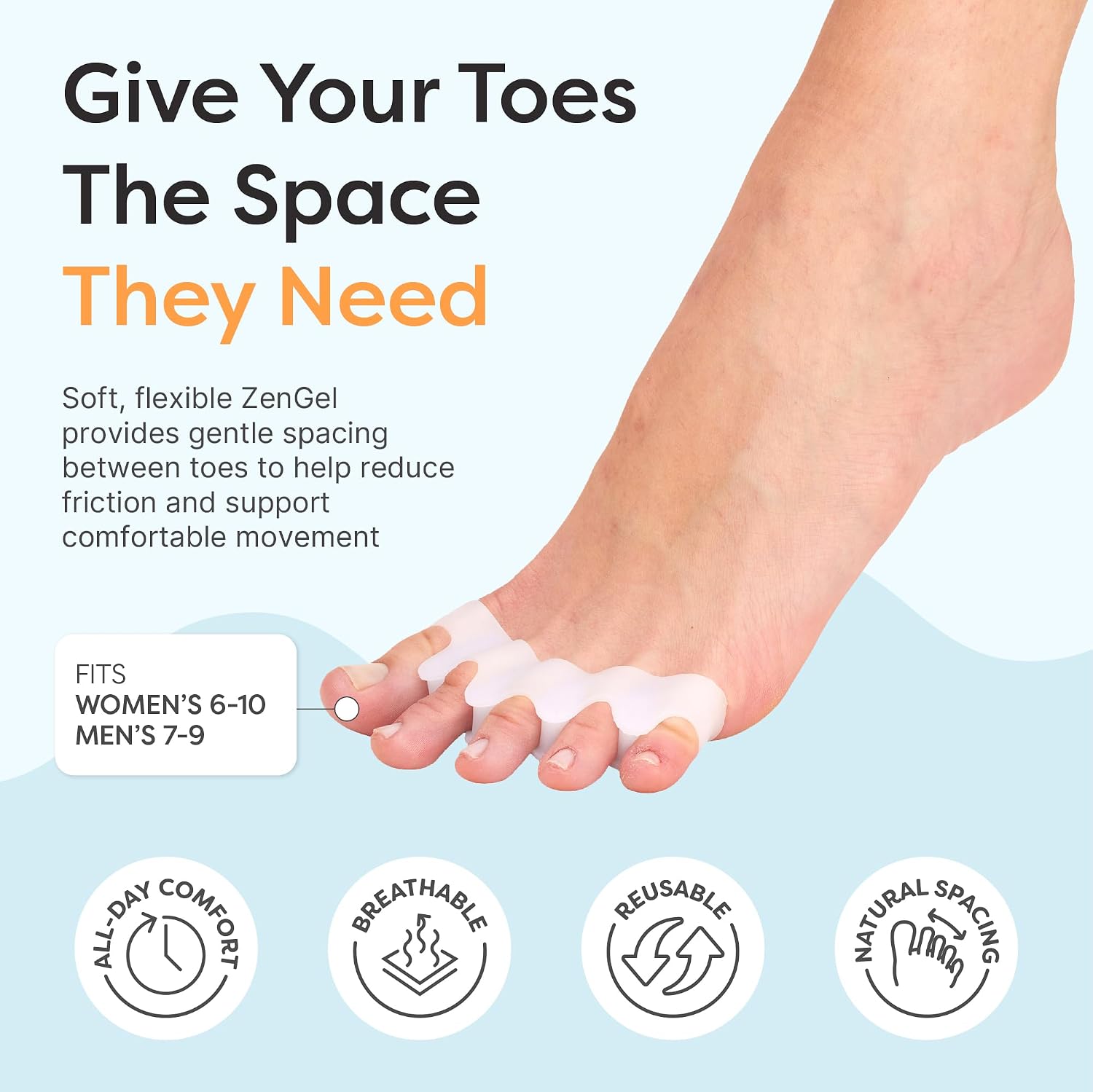 ZenToes Silicone Toe Spacers and Separators for Correct Toe Alignment, Bunion Relief, Hammertoe Straightener, Gel Orthopedic Corrector - 2 Pairs (White)