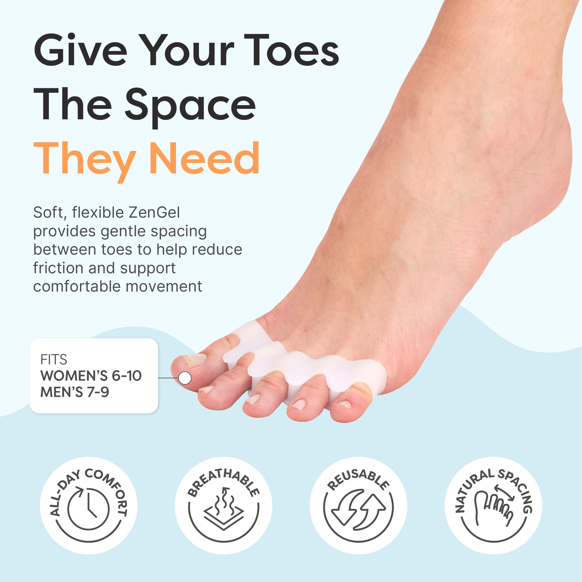 ZenToes Distanziatori in silicone per il corretto allineamento delle dita dei piedi, per alluce valgo e dita a martello, 2 paia (bianco)