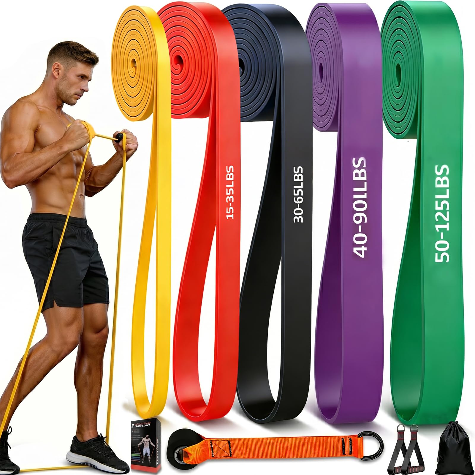 Professional Exercise Bands Set of 5, Heavy Duty TPE Resistance Bands (Up to 125lbs), 4.5mm Thick Exercise Bands for Pull-Up Progression & CrossFit,Odourless Workout Set with Pro Handles & Door Anchor
