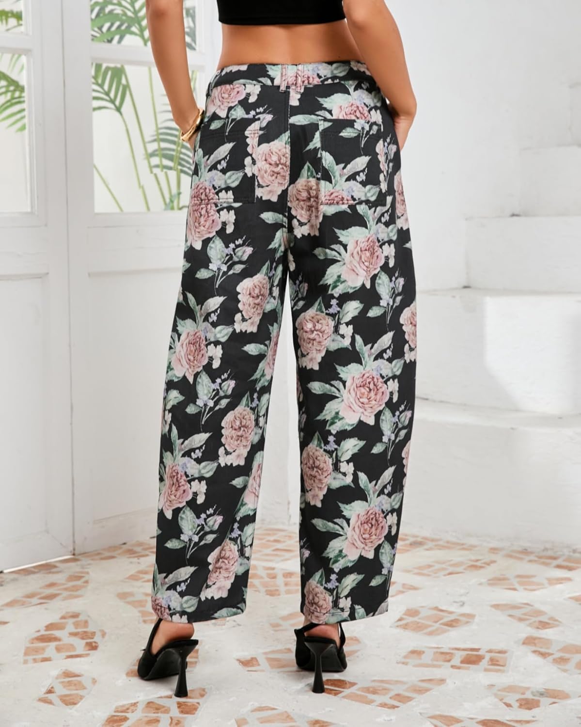 Women Floral Embroidered Barrel Jeans Wide Leg Mid Rise Boyfriend Baggy Denim Ankle Pants with Pockets - Image 2