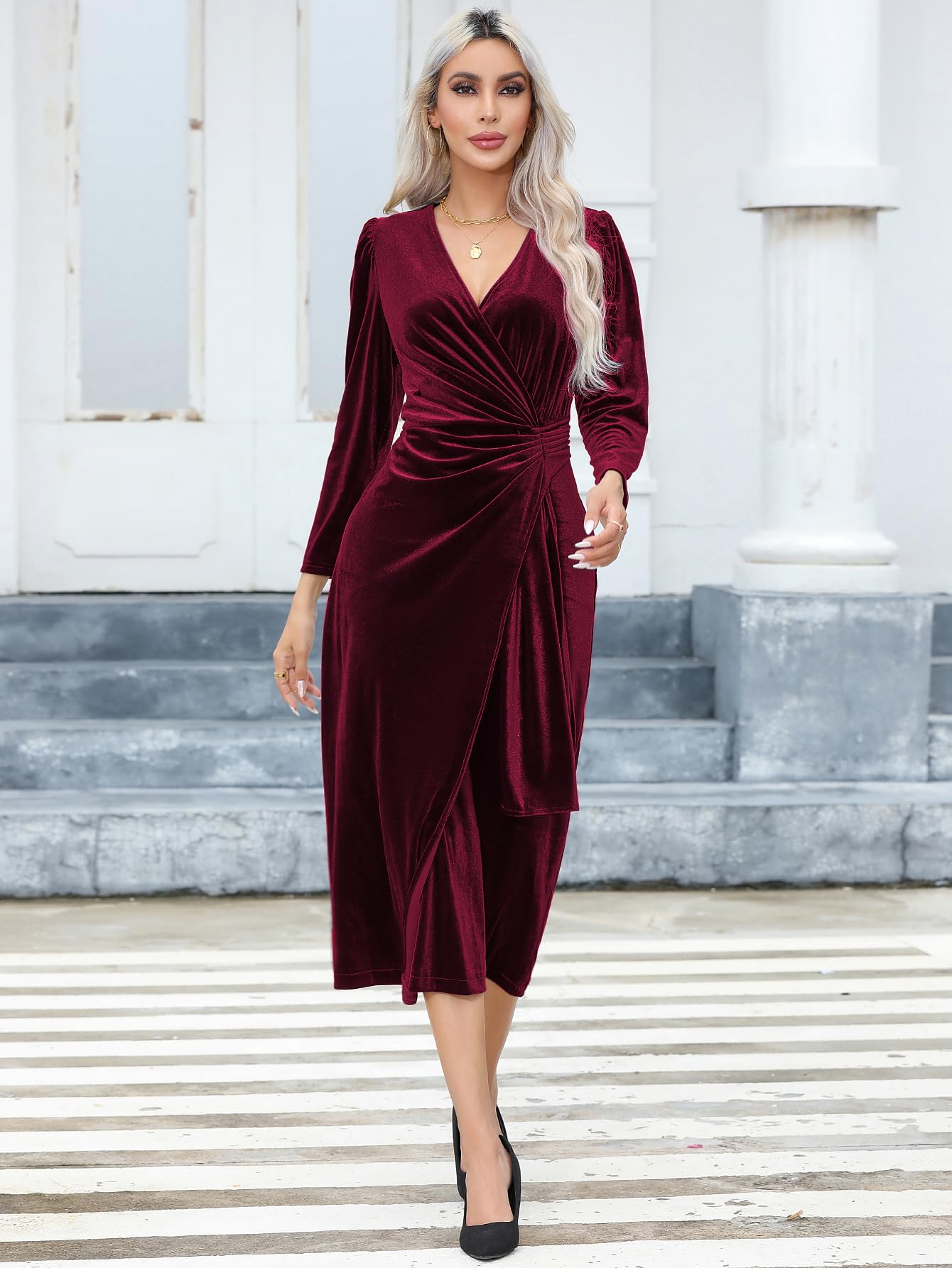 R.Vivimos Automne Hiver Femmes Sexy Col V Enveloppé Robe Manches Longues Velours Volants Robe Midi élégante Robe Cocktail