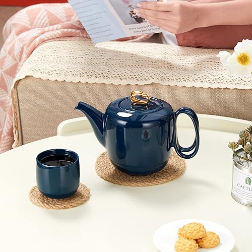 Miniatura 2 de ZENS Tetera con infusor, mango entrelazado de porcelana azul marino, 3 tazas, tetera suelta de 33.8 onzas, tetera de lujo con ribete dorado, regalo