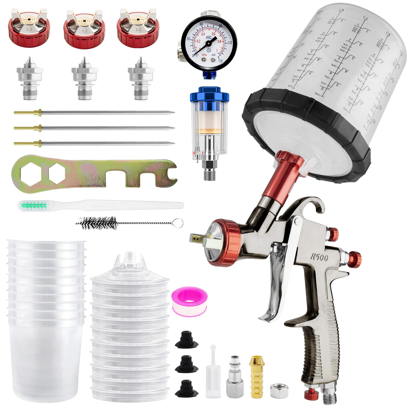 R500 LVLP - Pistola de pulverización de Aire comprimido con boquillas de 1,3/1,7/2,0 mm, 20 oz (650 ml) Juego de 10 Vasos Desechables para Pistola de Pintura para Coches y Casas