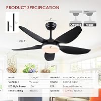 Mpayel 117 cm Mennyezeti Ventilátor Távirányítóval, 5 Lapáttal, 6 Fokozat, Dimmelhető, Fekete 7