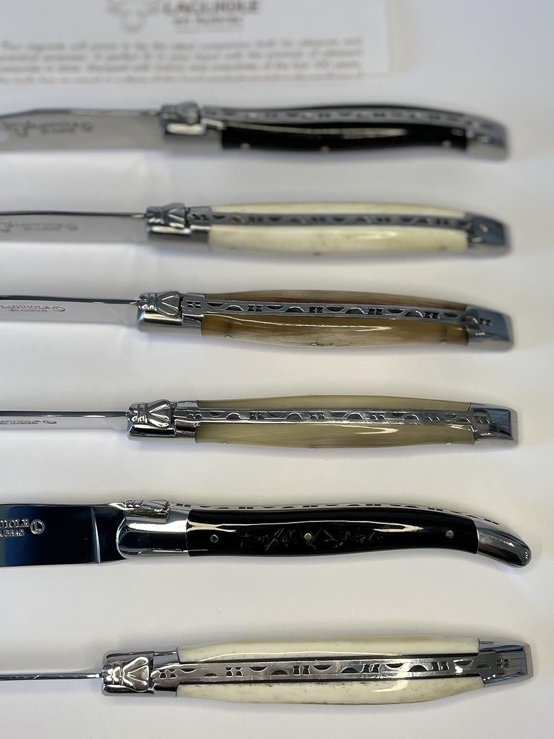 Laguiole en Aubrac Luxury Fully Forged Full Tang Stainless Steel Steak Knives 6-Piece Set with Mixed Horn Handles, Stainless Steel Shiny Bolsters