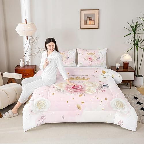 Miniatura 2 de Erosebridal Juego de ropa de cama de princesa para niñas, tamaño individual, rosa rosa para mujer, juegos de ropa de cama y colecciones de flores