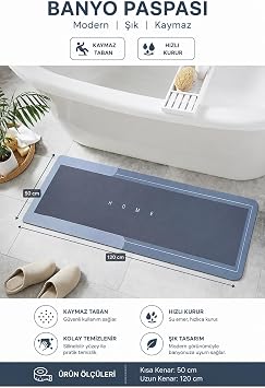 Banyo Paspası-Kaymaz Tabanlı-Süper Emici Banyo Paspası-Abdest Paspası-Uzun Mavi 50 * 120 (Mavi)