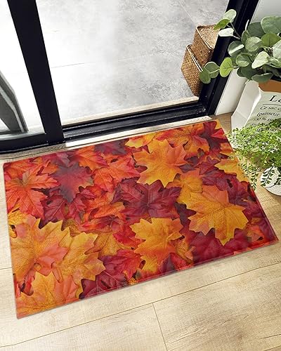 Autumn Maple Leaf Shaggy Bath Mat, Fall Leaves Botanical Non-Slip Bathroom Rug Soft Plush Absorbent Doormat Washable Indoor Mats for Bedroom, Living