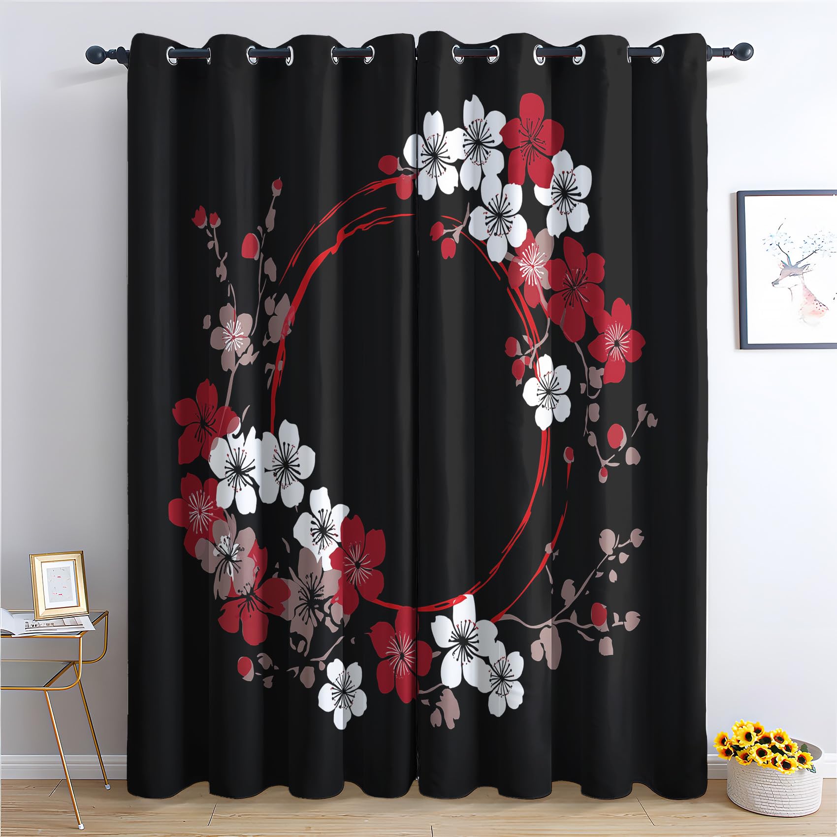 Venivici Cherry Blossom Blackout Curtains for Bedroom Living Room - 84 Inch Drop Curtains Eyelet, Japanese Oriental Floral Patterned Window Treatments, Thermal Insulated Drapes 52x84 2 Panels