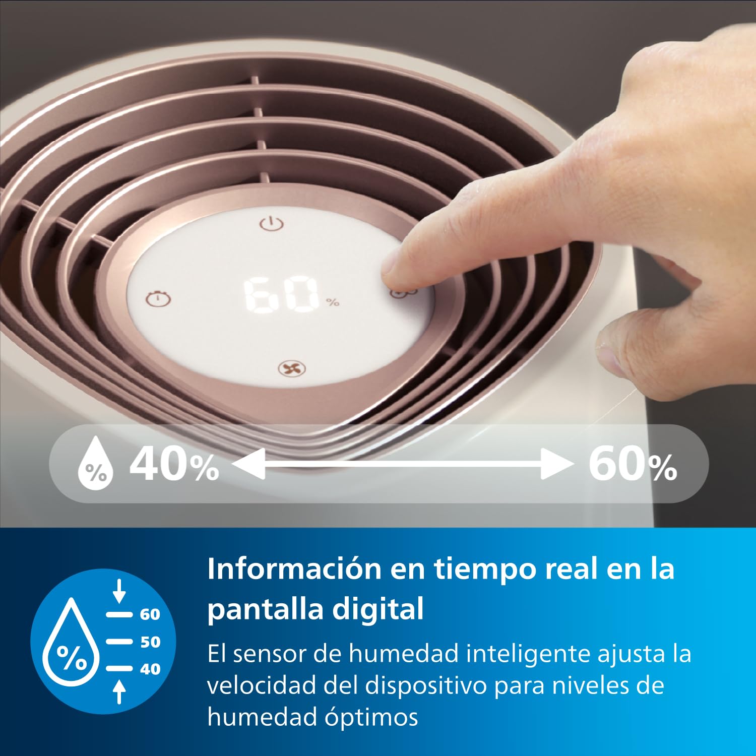 Philips Humidificador Serie 3000, 45 m², 99,97% menos bacterias (NanoCloud), 300 ml/h, 3 velocidades, Modo Sueño, Ultrasonido (33 dB), Sensor, Temporizador, Depósito 3L, Blanco (HU3916/10)