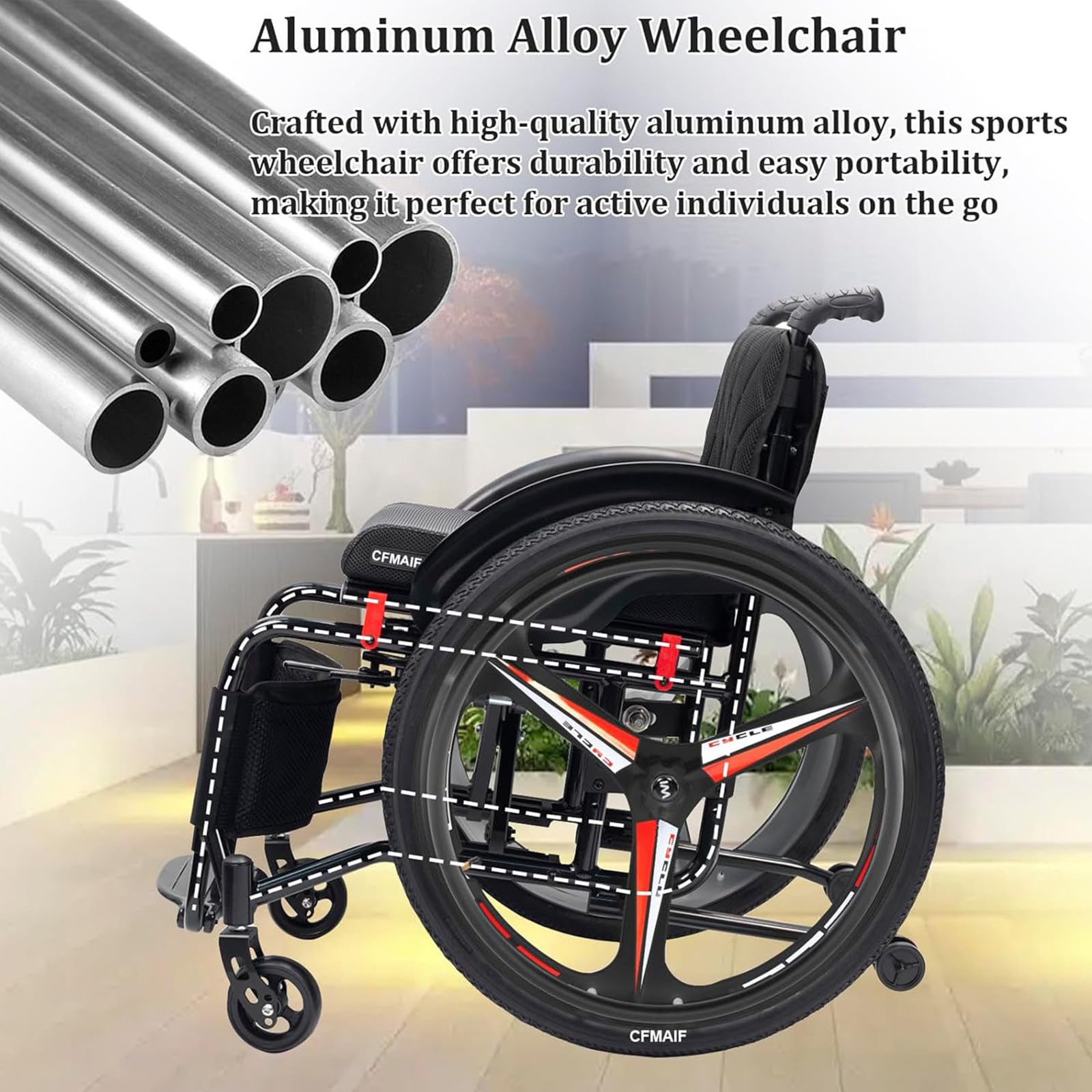 Składany terenowy lekki aluminiowy wózek inwalidzki Seatwidth:42cm | Nośność 100kg,podwójny hamulec i kółka zabezpieczające przed przewróceniem,obracające się 4-calowe kółka skrętne