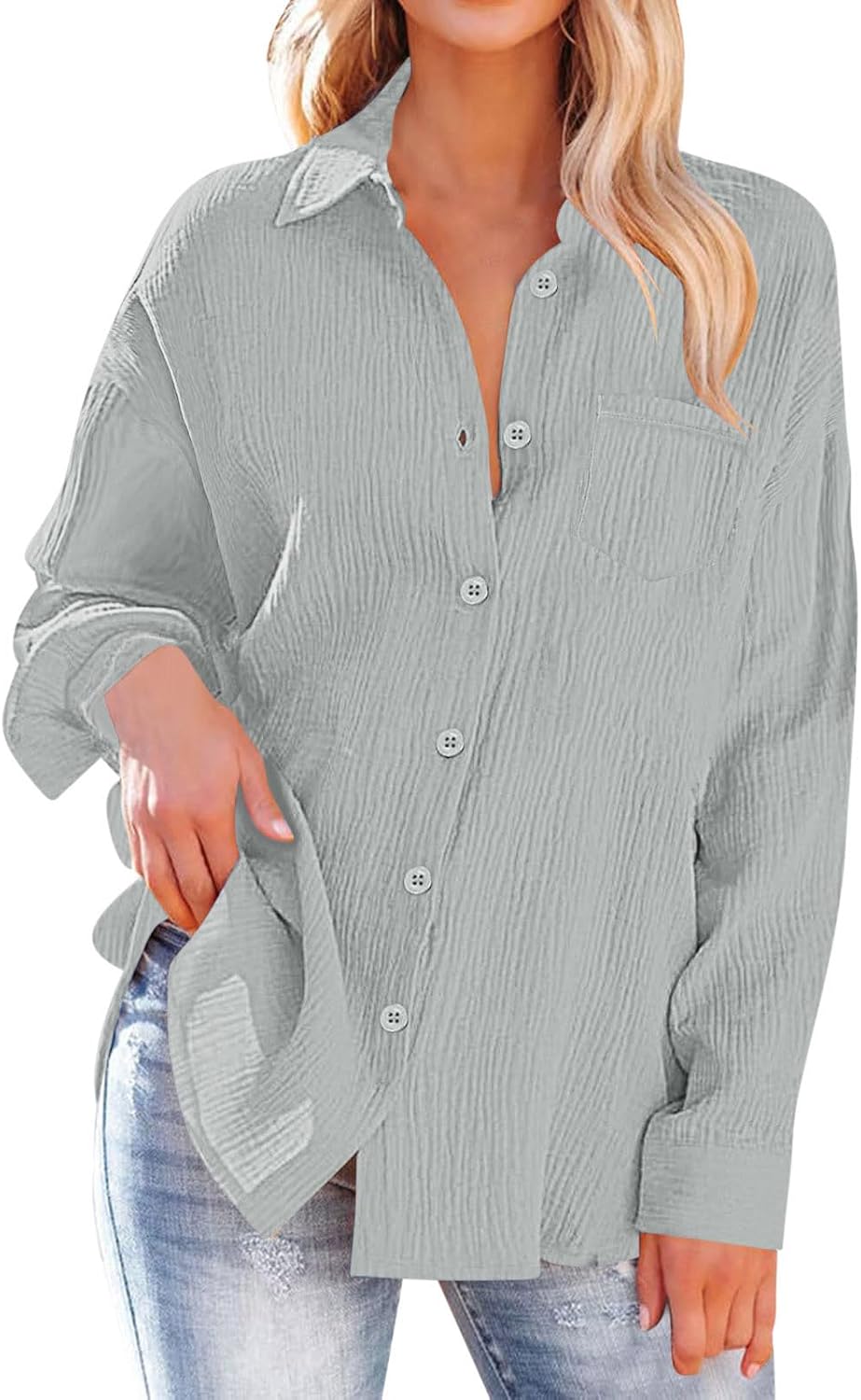 Womens Cotton Linen Button Down Tops Casual Long Sleeve Shirts Blouse Casual Loose Fit Tunic Tshirts with Pocket