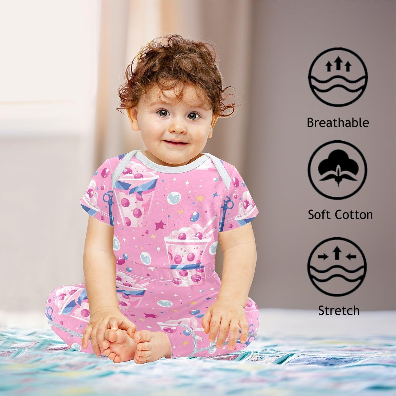 vvfelixl Baby Clothes Pink Pearl Milk Tea Baby Bodysuits Set Unisex Short Sleeve Babys Pants Sets 0-3M