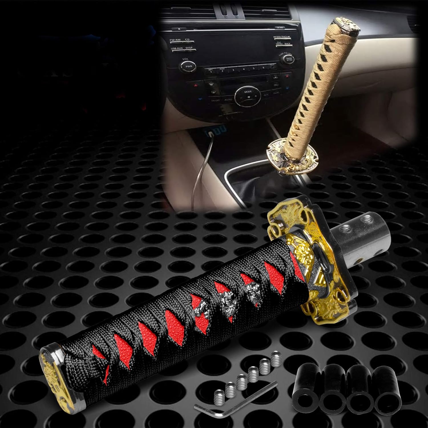 JDMBESTBOY Samurai Sword Black Red Shift Knob Shifter Alloy Katana Adapters Universal 20cm
