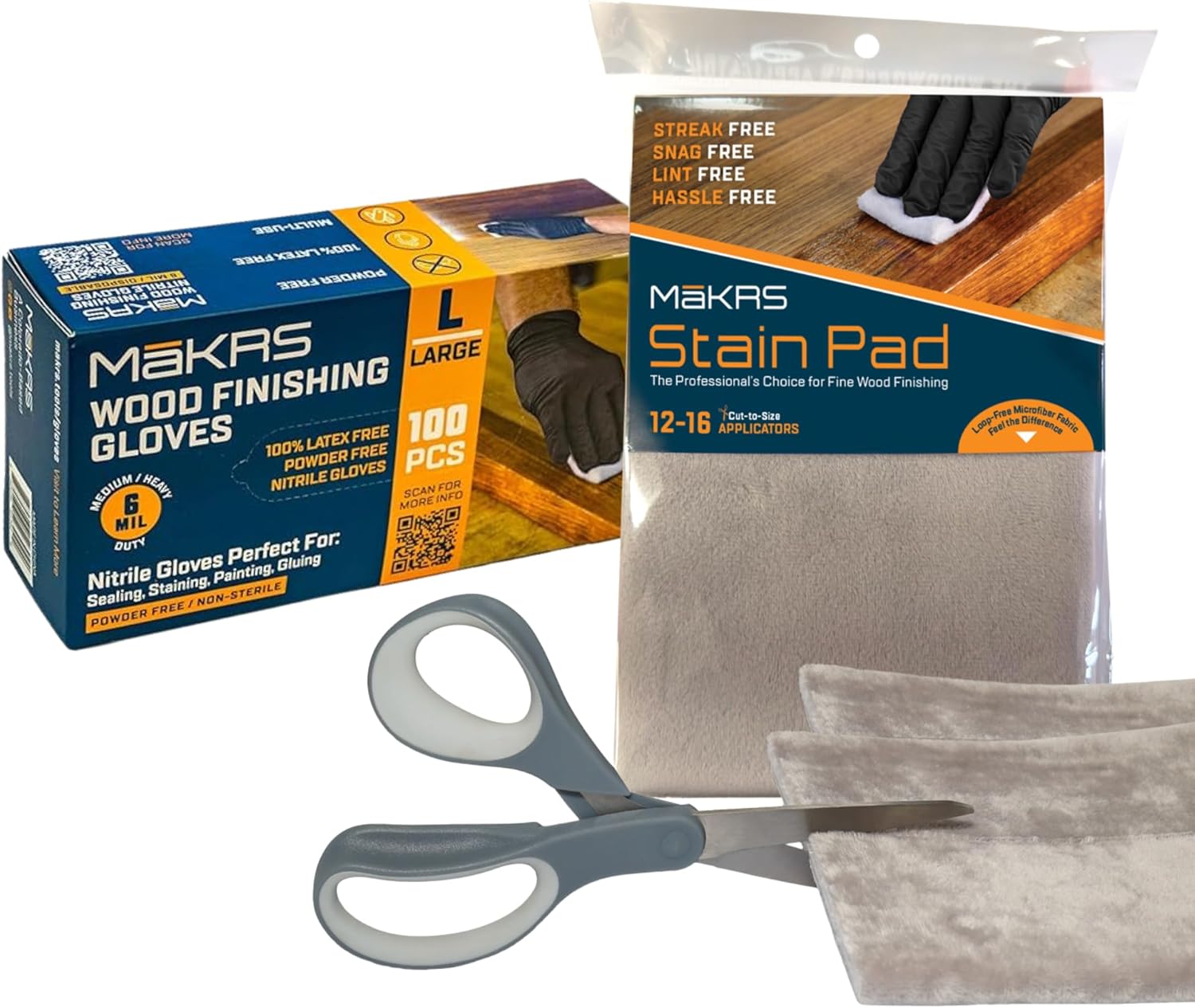 MāKRS Wood Finishing Bundle – Original Staining Pad & Large 6 Mil Nitrile Gloves – Snag-Free Staining Applicator Spongesand Latex-Free Disposable Gloves for Staining, Painting, and Finishing Projects