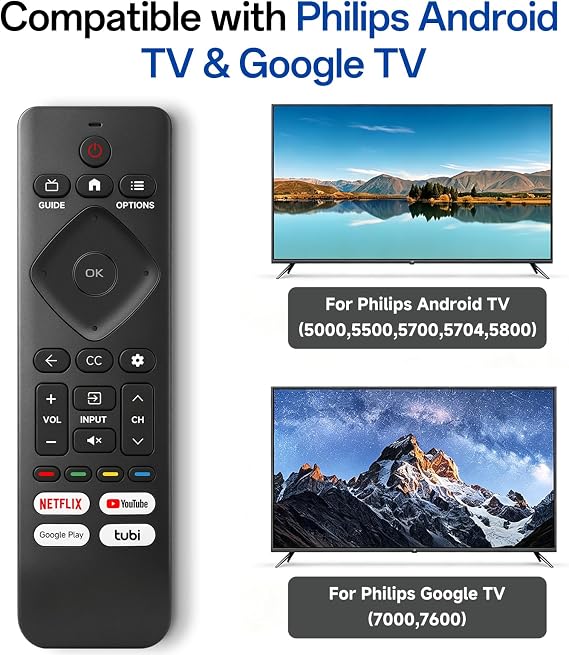 Replacement Remote for Philips TV, Compatible with Philips Google & Android 4K UHD HDR Smart TVs, No Setup Needed