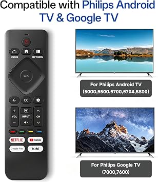 Replacement Remote for Philips TV, Compatible with Philips Google & Android 4K UHD HDR Smart TVs, No Setup Needed