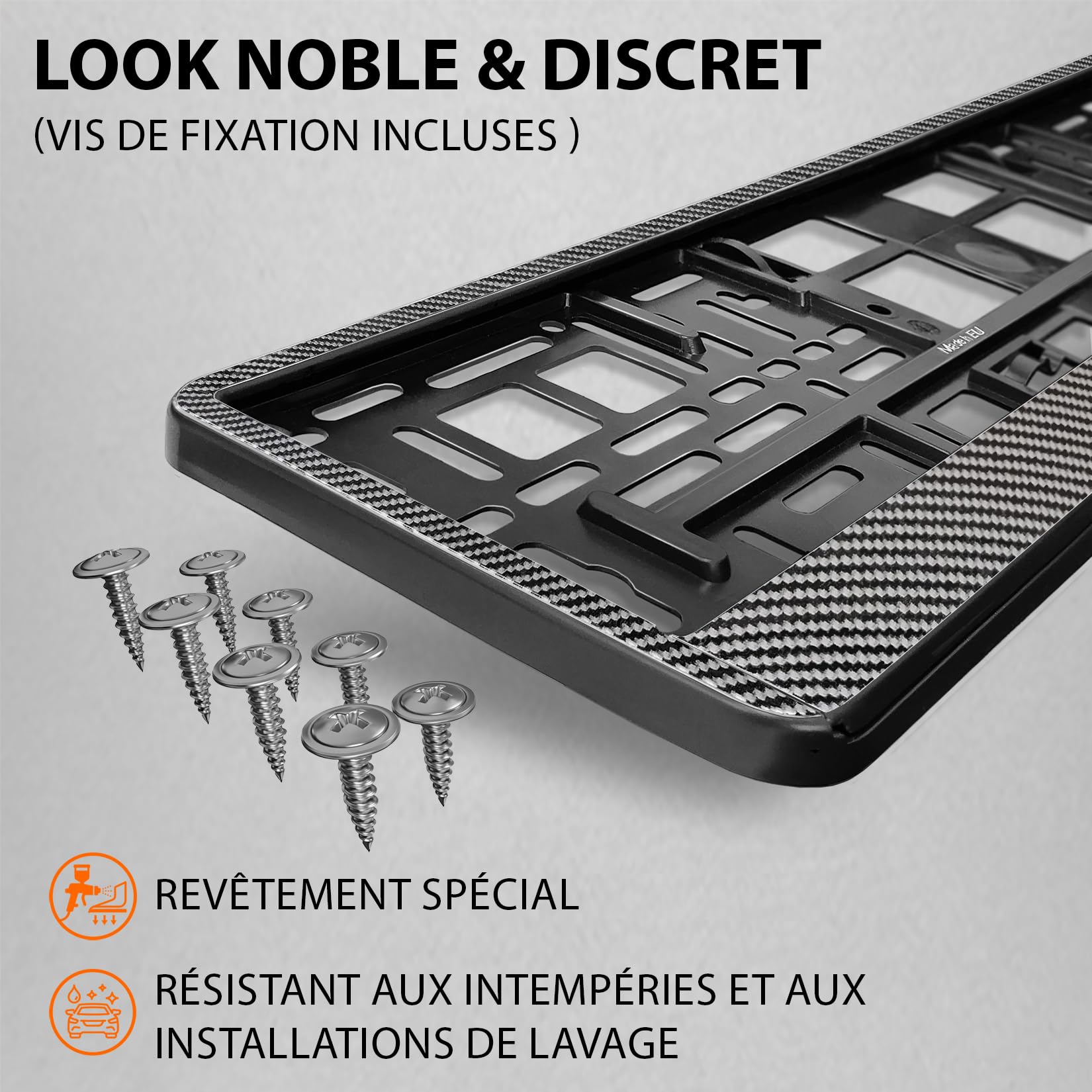 Lot de 2 - Supports de Plaque d'Immatriculation Voiture - [Simple, Rapide & sûr] - Porte Plaque Immatriculation pour Voiture - Auto Fixation pour Plaque - 52x11cm Discret Universel - Optique Carbone