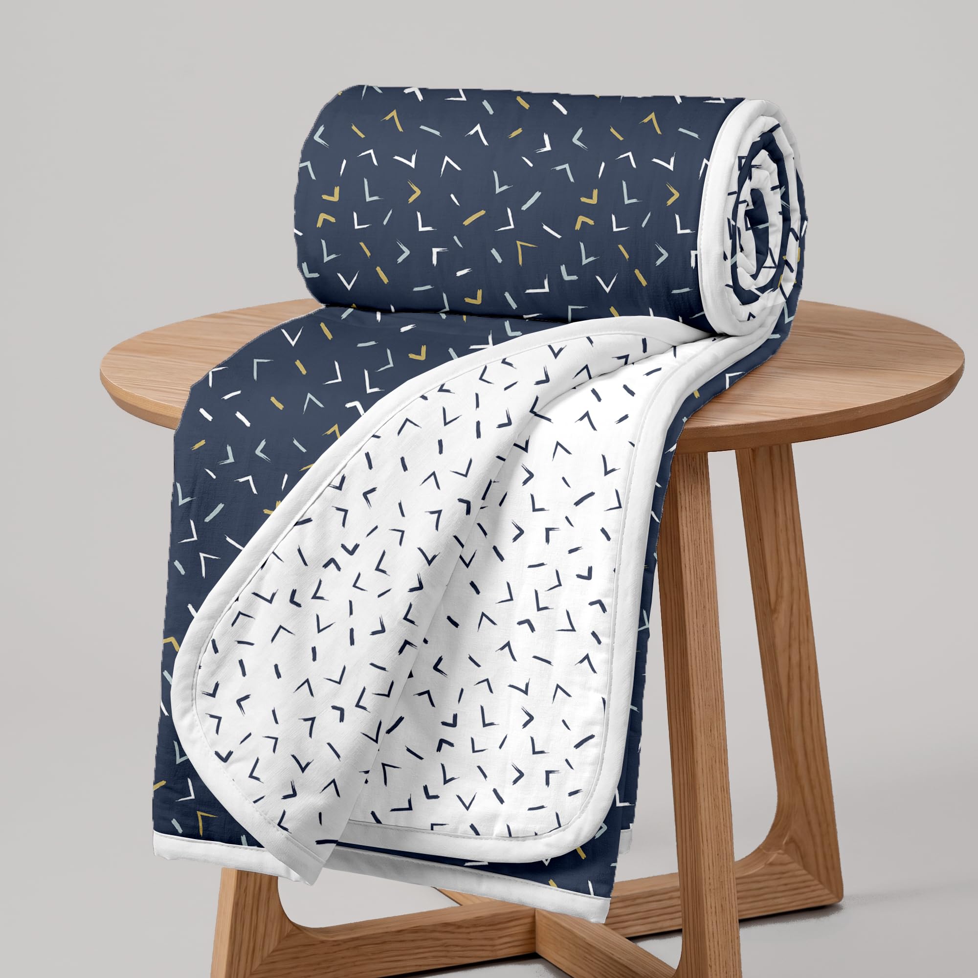 Divine Casa Reversible Single Bed AC Blanket Dohar | 120 GSM Lightweight Polyester | Printed Design | 210 x 140 cm | Navy Blue & White