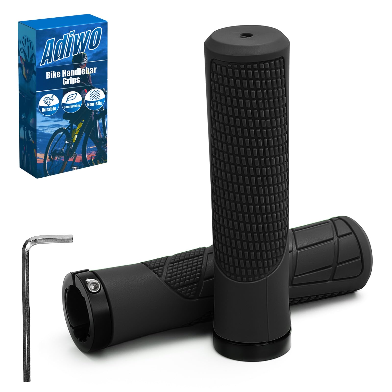Adiwo Non-Slip Handlebar Grips, 1 Pair Professional Bike Handlebar Grips, Adult Mountain Bike Grips with Soft Anti-Slip Rubber, Comes with 1 Allen Wrench, Suitable for Most Bicycles, Black