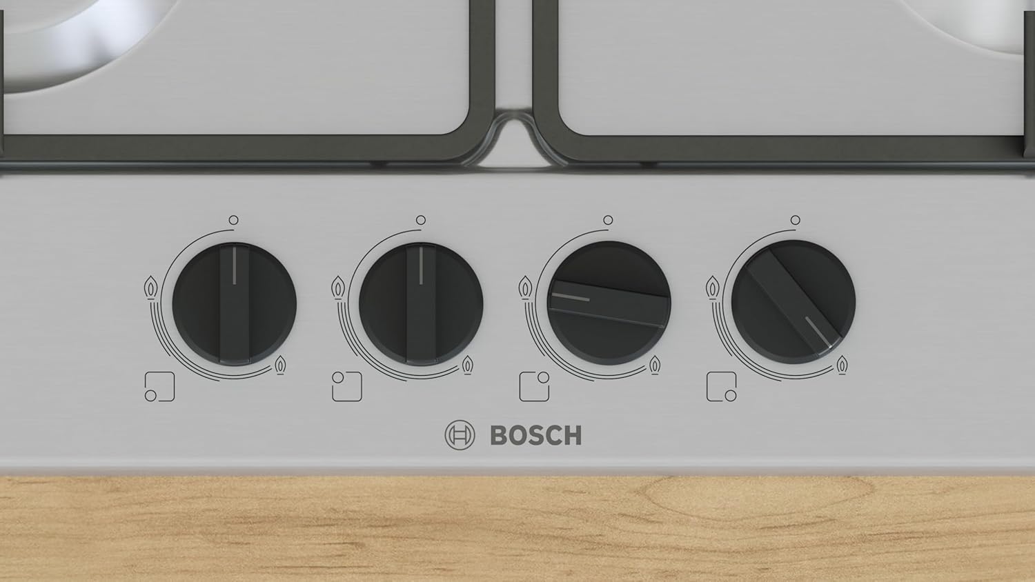 Bosch PGP6B5K60, Gas Hob, Bridge Knobs: Ergonomic Control, 4 Burners, Steel, Amazon Exclusive Version, 60 cm, Series 4 - NEW, Inox