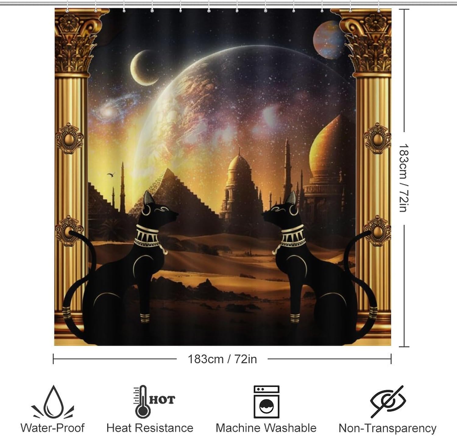 Mystical Ancient Egypt Black Cat Shower Curtain Sets 4 Piece,Vintage Fantasy Galaxy Egyptian Pyramid Ethnic Tribe Symbol Bathroom Decor with Rugs Include Waterproof Non-Slip Toilet Lid Cover Bath Mat