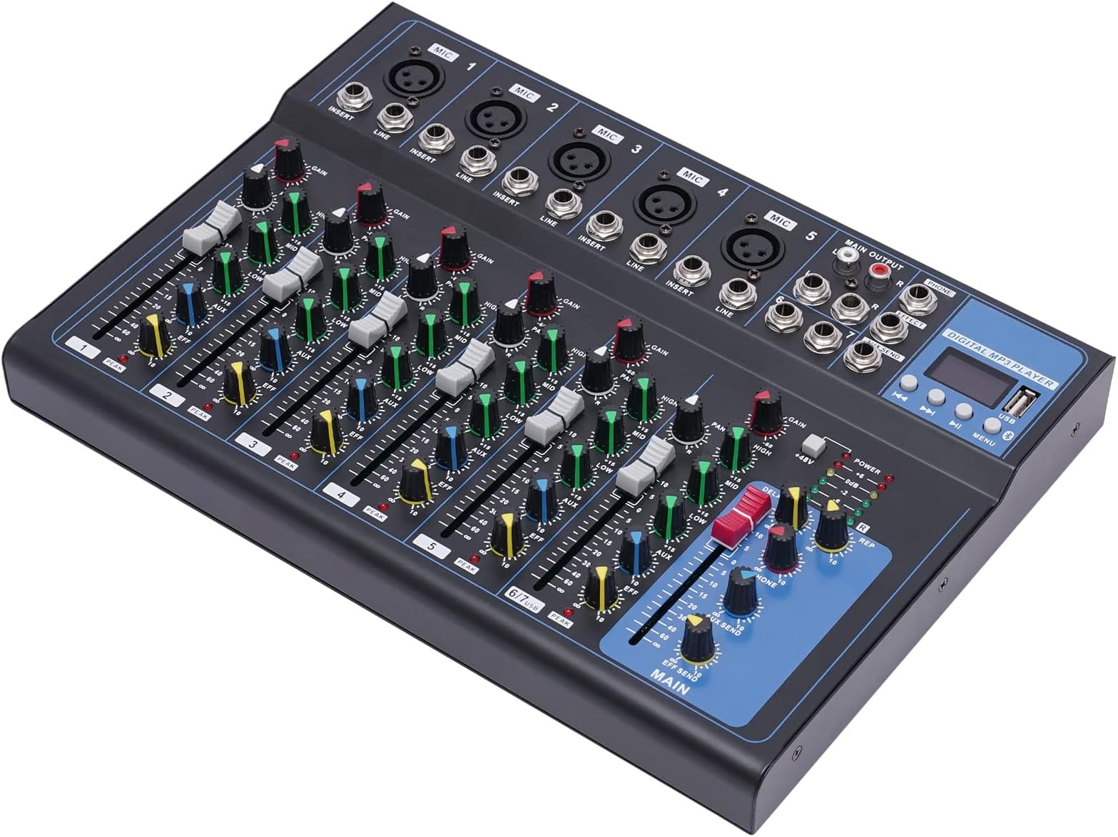 Mixer Audio, Portable Audio Mixer,7 Channel Audio Mixer, w/USB DJ Sound Mixing Console,MP3 Jack 48V Power Computer Recording, Professional Audio Mixer Sound Board Console Desk