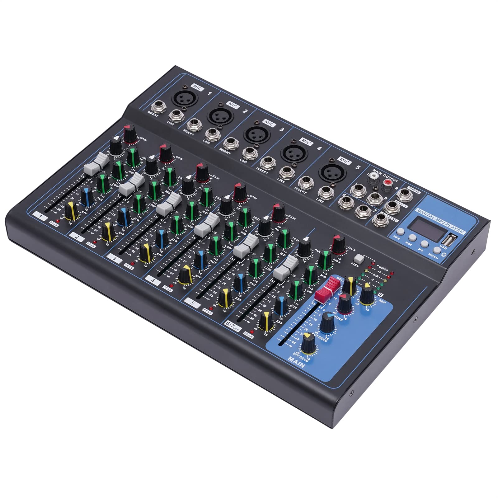 Mixer Audio, Portable Audio Mixer,7 Channel Audio Mixer, w/USB DJ Sound Mixing Console,MP3 Jack 48V Power Computer Recording, Professional Audio Mixer Sound Board Console Desk