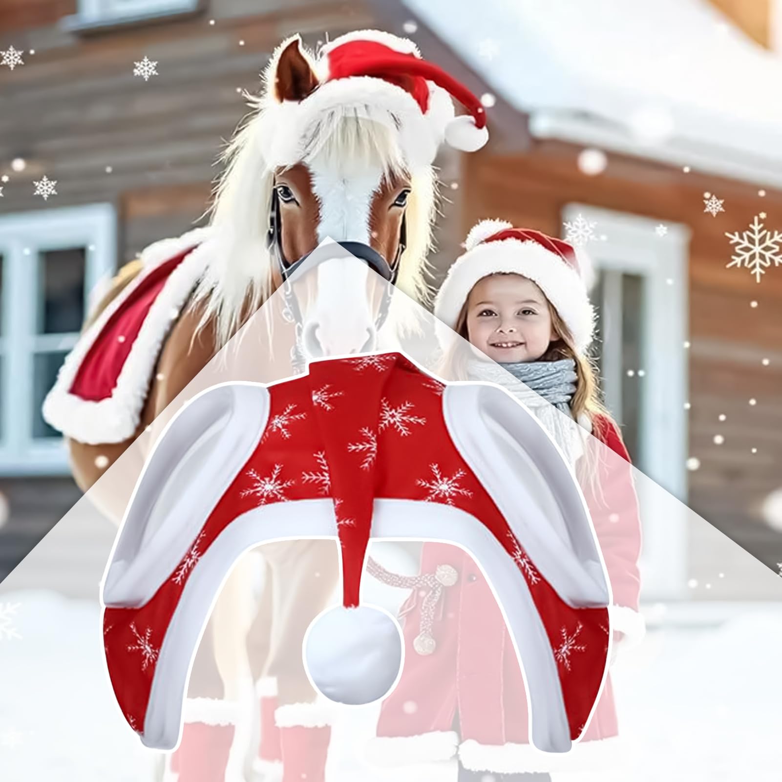 Cappello di Natale per cavallo, Babbo Natale sui, copertura per la testa con motivo fiocco di neve, costume decorativo per equitazione invernale e eventi festivi