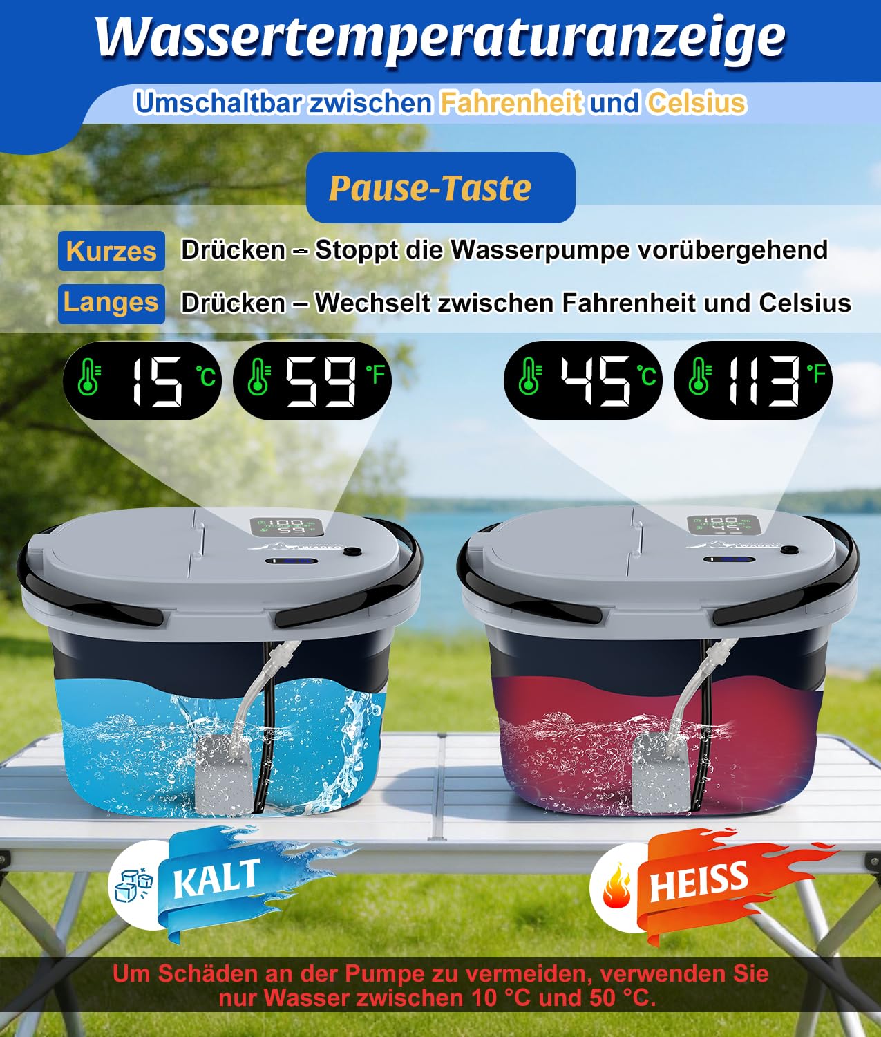 WADEO 2026 Campingdusche mit integrierter Pumpe 13000 mAh faltbarer Wassereimer 5 Geschwindigkeitsstufen 4 Strahlarten