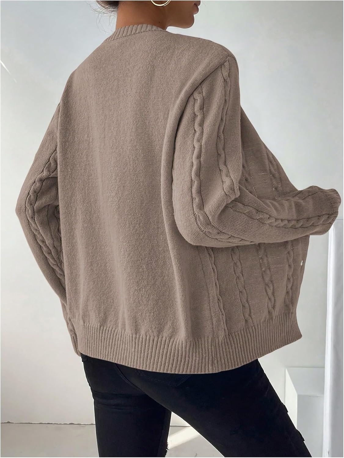 SHENHE Women's Cable Knit Crew Neck Cardigan Button Up Long Sleeve Soft Sweater Outwear - Image 3