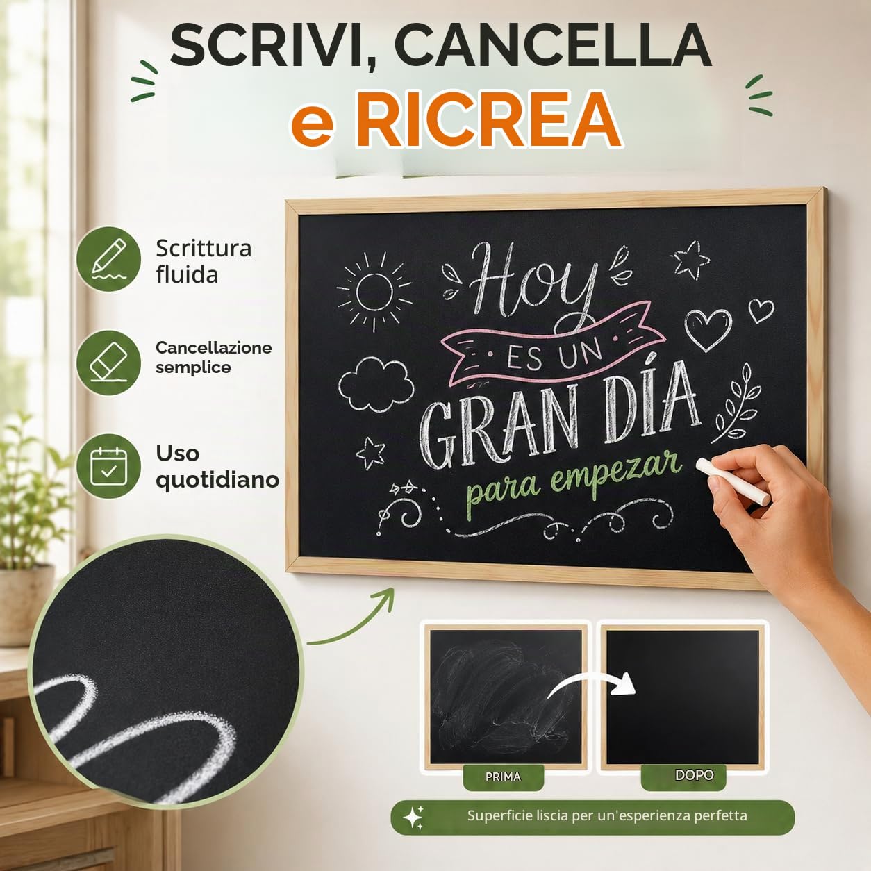 Lavagna Cancellabile Nere 60x90cm con Cornice in Legno Naturale, Lavagana Nere Cancellabile a Secco per Uso con Tiza