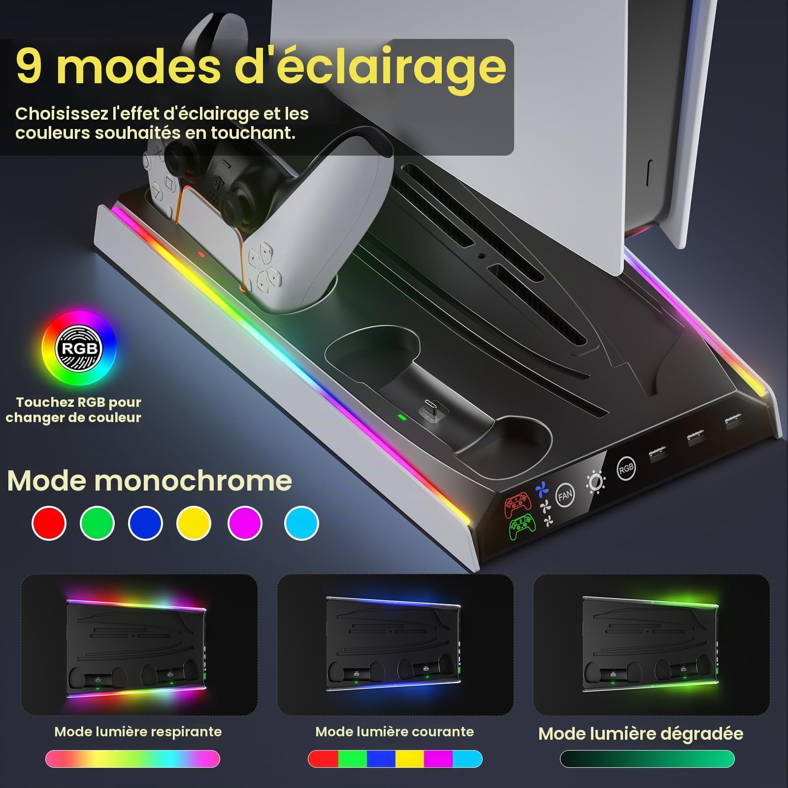 Fenolical Support PS5/Slim/Pro avec Ventilateur de Refroidissement réglable, Support de Chargeur de Refroidissement Vertical PS5 pour PS5/Slim/Pro, Station de Refroidissement Façades, Protections