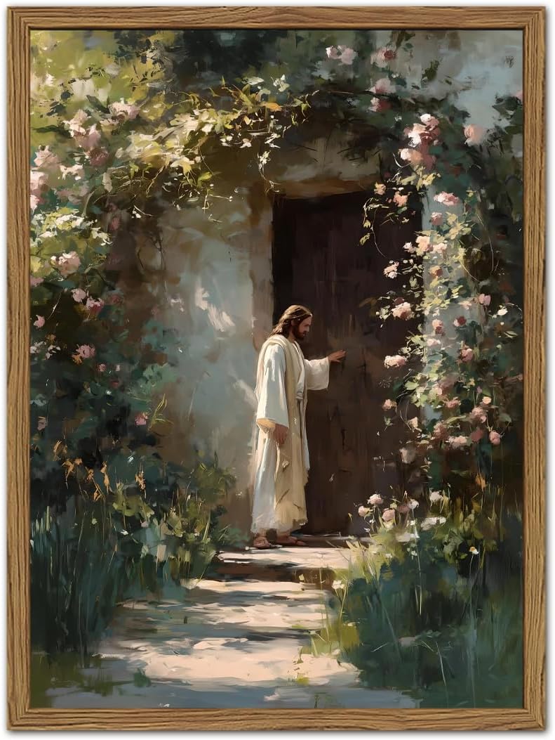 Jesus Knocking at the Door Wall Art Jesus Portrait Painting Wall Decor Bible Christian Religious Poster Canvas Prints Picture for Bedroom Living Prayer Room 12x16 inch Wood Framed